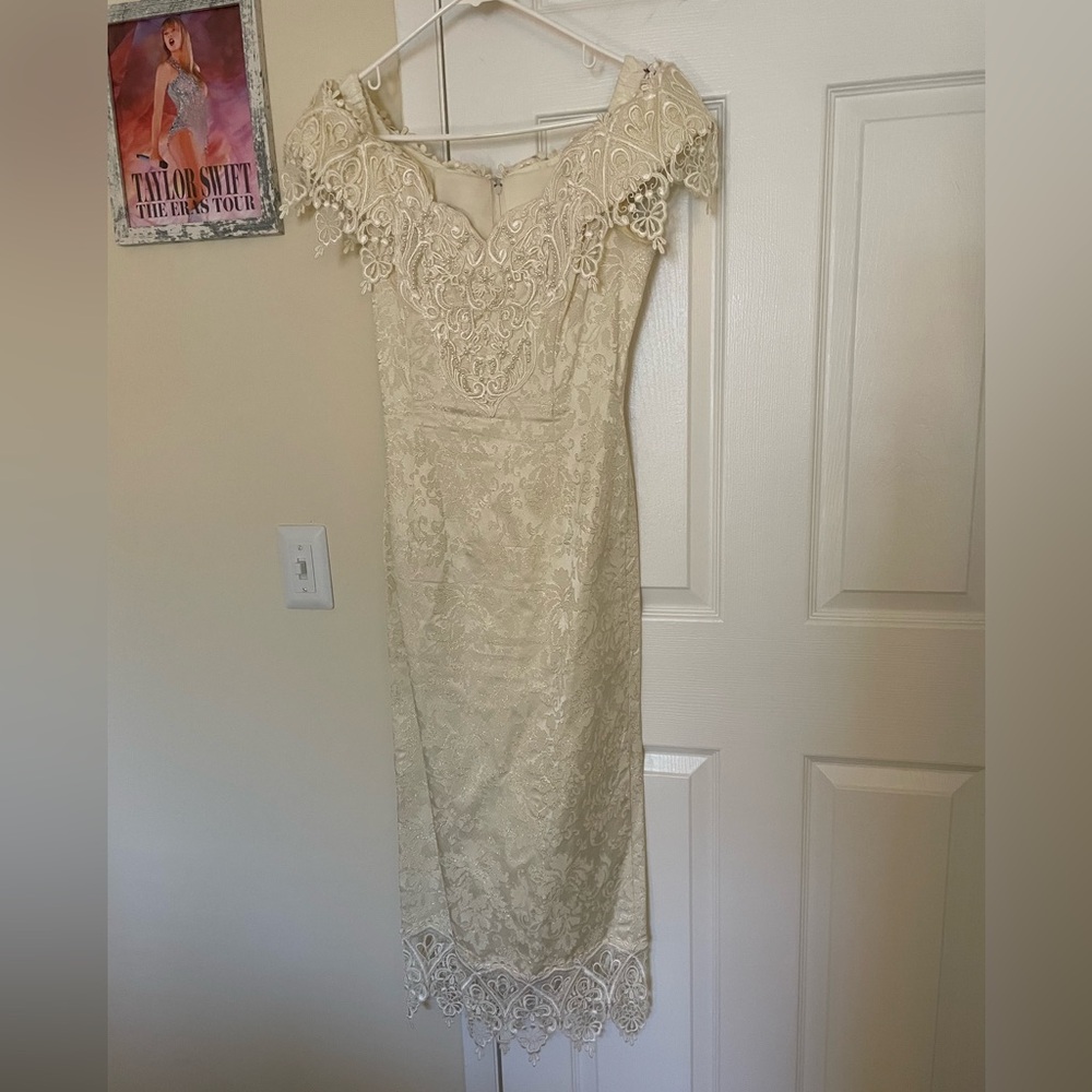 Scott McClintock vintage beaded lace dress size 8 white ivory zip up midi